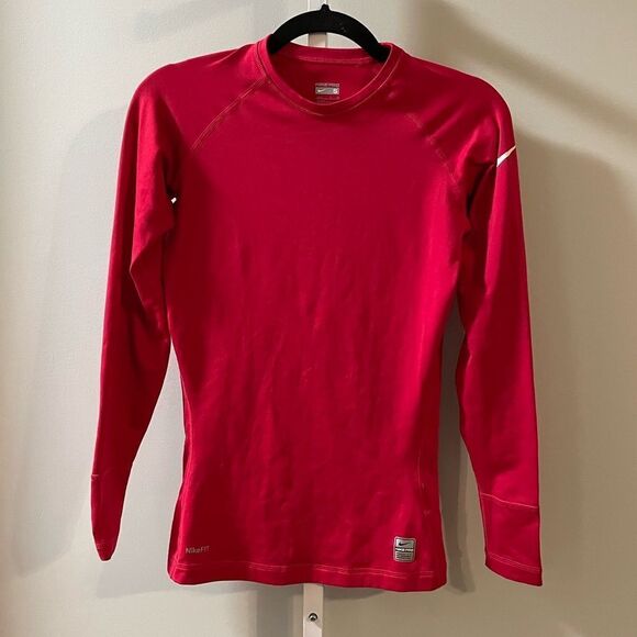 Nike Pro Red Fitted Long Sleeve Athletic Top - Picture 1 of 4